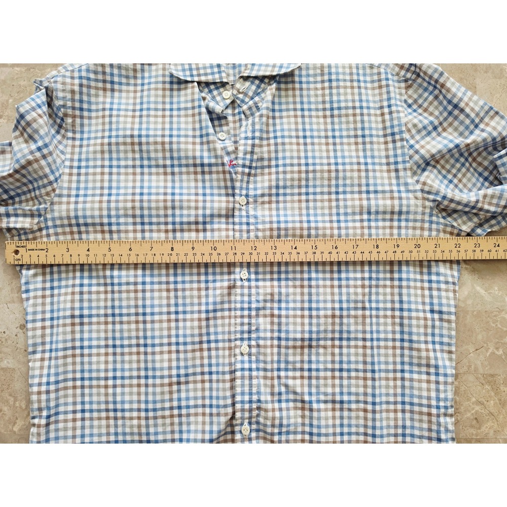 Isaia Napoli Mens 16.5 42 Blue Brown Check Cotton Button Down Shirt‎ Made Italy - Picture 7 of 11